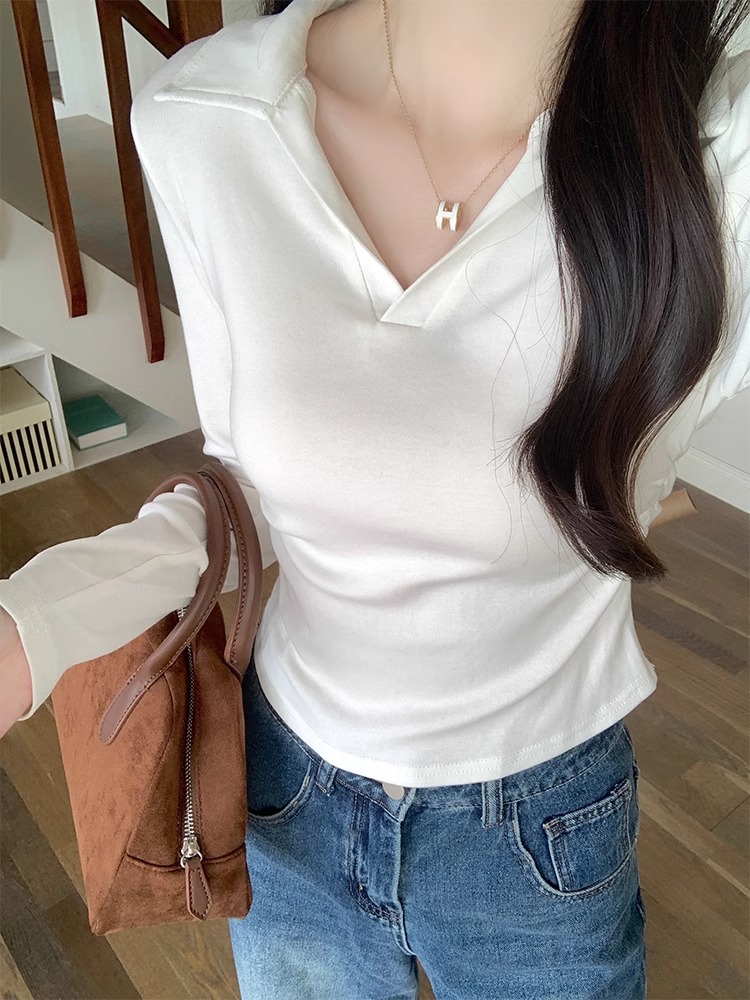 Official picture 210g pure cotton threaded POLO collar long-sleeved T-shirt for women in spring, autumn and winter bottoming shirt with inner waist