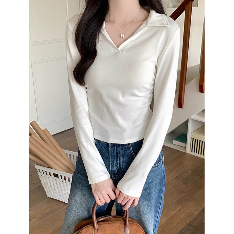 Official picture 210g pure cotton threaded POLO collar long-sleeved T-shirt for women in spring, autumn and winter bottoming shirt with inner waist