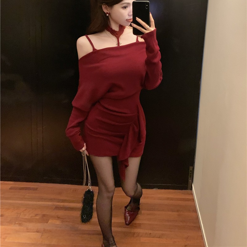 Real shot!  Temperament slimming one-shoulder knitted hip skirt women's pure desire slim dress bottoming skirt trendy