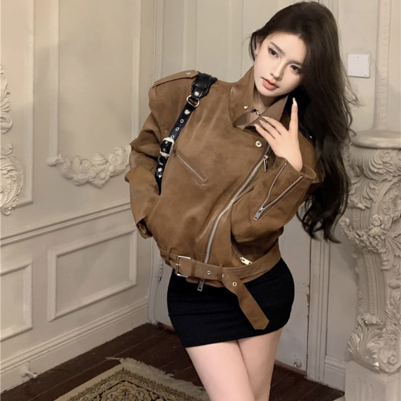 Real shot!  American Maillard Brown Retro PU Leather Motorcycle Jacket