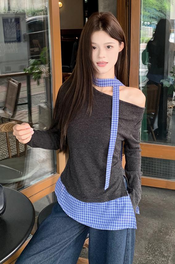 Design sense plaid splicing slim long-sleeved T-shirt women's autumn niche fake two-piece off-shoulder top real shot