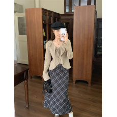 批发大码荷叶边长袖<b class='q'>针织</b>衫上衣秋季高腰格子半身裙胖mm显瘦两件<b class='q'>套装</b>女