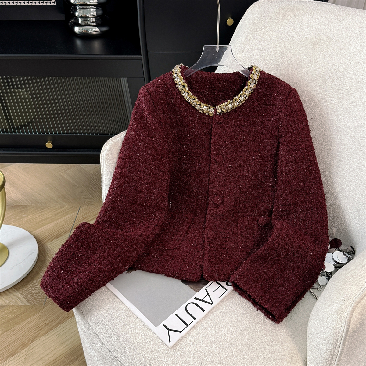 PF25733# 实拍现货安可拉红2024秋冬新款小香风重工钉珠亮片粗花呢短外套女