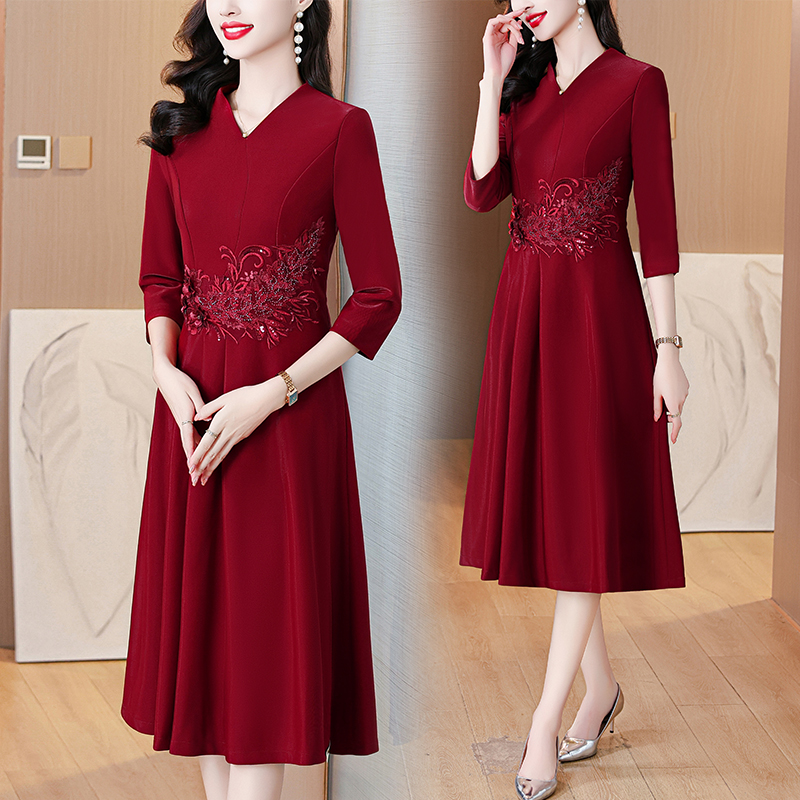 PF24753#新款妈妈婚宴礼服年轻高端气质喜婆婆结婚连衣裙秋女裝貨源服裝批發