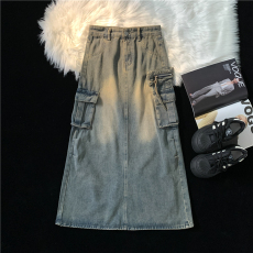 批发实拍设计感水泥灰高级感美式风潮流大口袋压褶垂感牛仔中长裙女