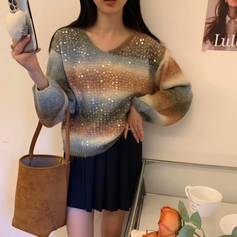 Fashionable contrast striped V-neck sequined knitted cardigan for women spring new style unique and beautiful short sweater