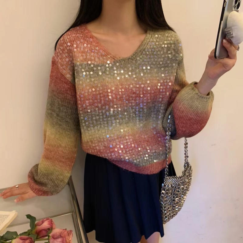 Fashionable contrast striped V-neck sequined knitted cardigan for women spring new style unique and beautiful short sweater