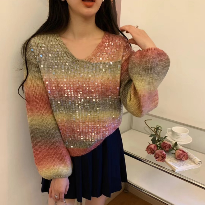 Fashionable contrast striped V-neck sequined knitted cardigan for women spring new style unique and beautiful short sweater