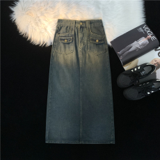 批发实拍大码女装牛仔半身裙女高腰新款复古直筒宽松a字中长款半裙