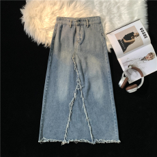 批发实拍大码女装不规则牛仔裙半身裙女新款高腰显瘦别致长裙A字裙子