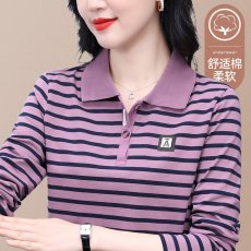 批发纯棉新款百搭<b class='q'>时尚</b>修身显瘦薄款长袖妈妈亲肤透气POLO衫条纹上衣女
