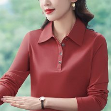 批发纯棉POLO领长袖正肩t恤女<b class='q'>春</b>秋新款中老年妈妈装百搭显瘦有领上衣