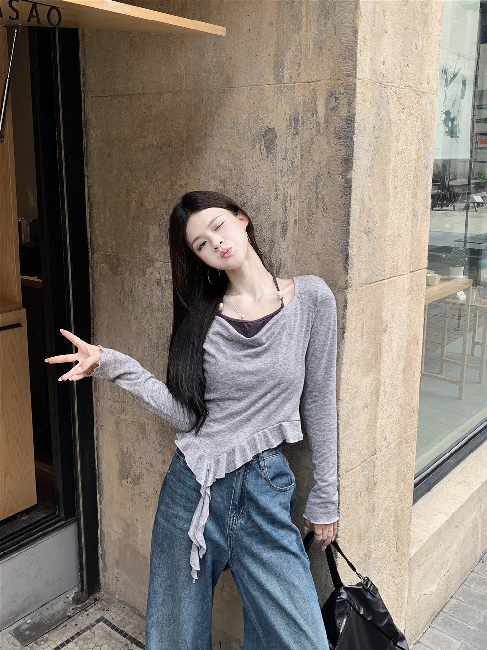 PF28878# 大码大码不规则挂脖方领胖mm假两件上衣荷叶边短款T恤女裝貨源服裝批發