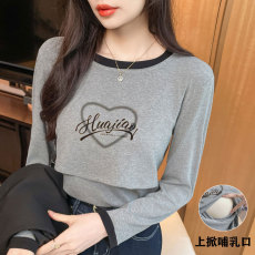批发实拍 哺乳衣早春哺乳纯棉T恤月子期百搭显瘦长袖喂奶打底上衣