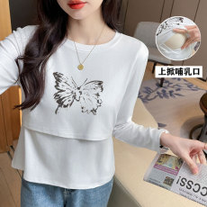 批发实拍现货 <b class='q'>秋</b>冬新款哺乳长袖纯棉蝴蝶印花T恤产后百搭显瘦喂奶上衣