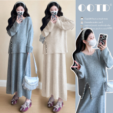 批发实拍~2024秋<b class='q'>冬</b>新品韩版时尚重工串珠上衣+可调节半身裙套装