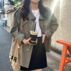 批发<b class='q'>韩国</b>绿色工装风衣女春秋休闲复古小个子bf风短款外套宽松百搭大衣