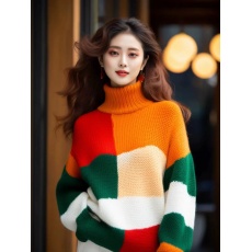 批发欧货漂亮撞色拼接高领<b class='q'>毛衣</b>女款2025款秋冬加厚慵懒<b class='q'>宽松</b>针织上衣