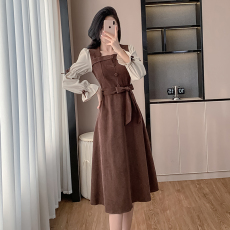 批发法式方领长袖女装2025秋季新款收腰复古泡泡袖<b class='q'>蝴蝶结</b>灯芯绒<b class='q'>连衣裙</b>