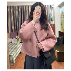 批发高级感粉色毛呢外套短款女秋冬装新款韩版小个子文艺复古呢子大衣