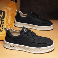 批发秋<b class='q'>冬</b>季新款男士皮面纯色百搭平底板鞋高品质冷粘低帮工作休闲男鞋