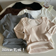 批发实拍实价 秋冬韩版方领打底衫长袖保暖德绒磨毛加绒加厚打底衫