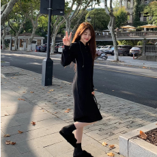 批发小个子连帽<b class='q'>连衣裙</b>女2026秋冬中长款打底针织裙内搭外穿<b class='q'>卫衣</b>裙子