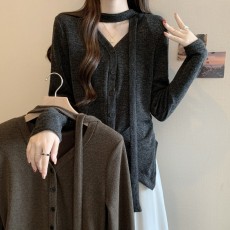 批发实拍大码~韩版气质V领长袖T恤2025春装新款打底衫挂脖显瘦上衣