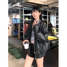 批发国潮牌美式复古黑色棒球服皮衣女秋季设计感甜酷风宽松皮夹克外套