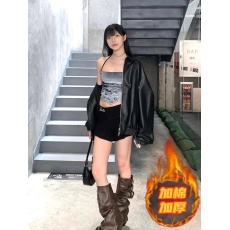 批发美式复古黑色棒球服皮衣女秋冬季设计感甜酷风宽松加棉皮夹克外套