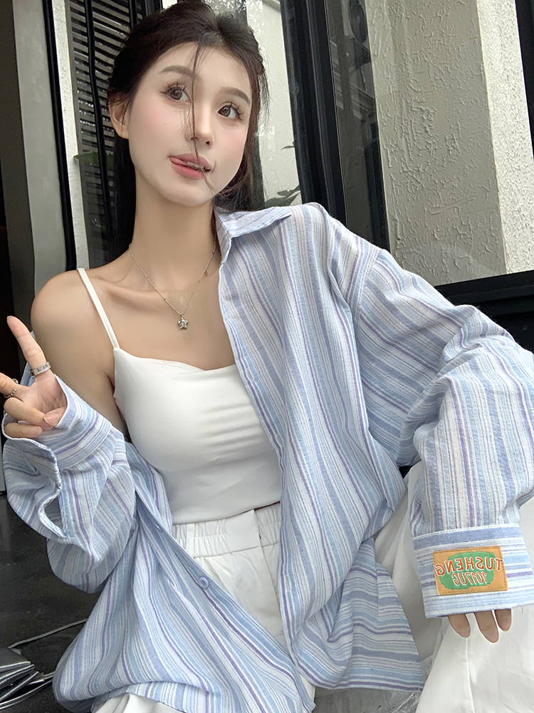 원본 천 스트라이프 POLO 칼라 파란색 셔츠 여성 코트 가을 루즈핏 캐주얼 셔츠 중간 길이 맨위