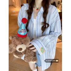 批发原布条纹   Polo领蓝色<b class='q'>衬衫</b>外套女秋季宽松休闲<b class='q'>衬衣</b>中长款上衣