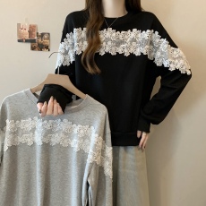 批发大码女装秋冬甜美减龄钩花镂空蕾丝拼接慵懒休闲宽松长袖卫衣<b class='q'>T</b><b class='q'>血</b>