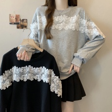 批发大码女装春装甜美减龄钩花镂空蕾丝拼接慵懒休闲宽松长袖卫衣<b class='q'>T</b><b class='q'>血</b>