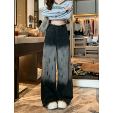 批发实拍新款大码渐变色高级感破洞设计牛仔裤宽松直筒毛边垂感阔腿裤