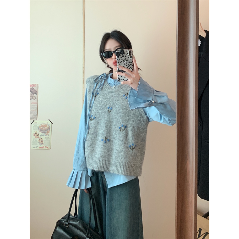 실사 빅 사이즈 여성 의류 봄 나팔 소매 셔츠 셔츠 여성 새로운 자수 스웨터 베스트 조끼 패션 세트 트렌디