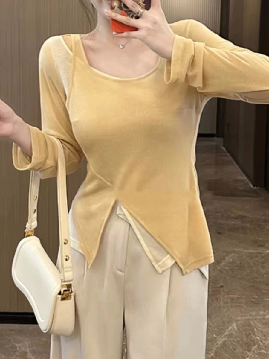 빅 사이즈 순수한 욕망 디자인 센스 페이크 레이어드 외국 가스 긴팔 티셔츠 여성 지방 mm 이른 가을 슬림해 보이는 인사이드 가져 가라. 만나는 맨위