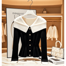 批发官图黑白小香风翻脸<b class='q'>针织衫</b>女2026春季新款慵懒设计感<b class='q'>宽松</b>长袖上衣