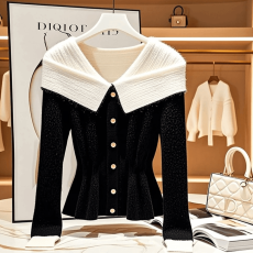 批发官图黑白小香风翻脸<b class='q'>针织衫</b>女2026春季新款慵懒设计感<b class='q'>宽松</b>长袖上衣