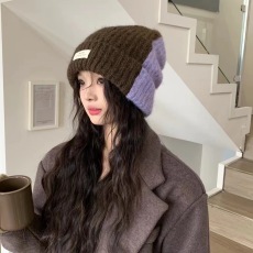 批发日本ZGP新款毛线帽女秋冬季ins保暖百搭拼色冷帽显脸小护耳针织帽