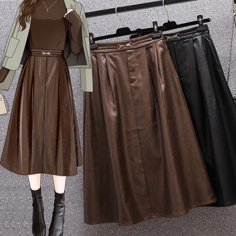 MY15235# 大码垂坠感pu皮裙胖MM高腰半身裙显瘦百搭软皮a字皮伞裙女裝貨源服裝批發