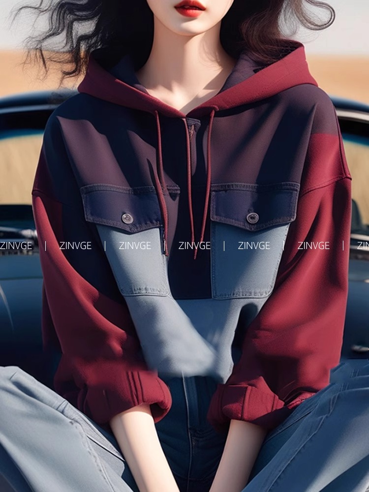 2025 조기 봄 새로운 아메리칸 레트로 느긋한 chic 루즈핏 빨간색 패치워크 얇은 스타일 후드 티 스웨터 여성 코트