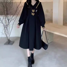 批发金边海军领长袖小黑裙2024秋冬新款<b class='q'>大码</b>日系学院风配领带JK连衣裙