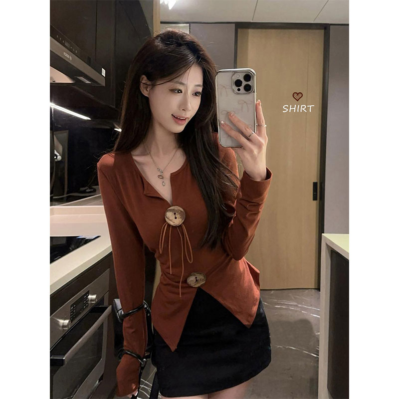 품질 V넥 긴팔 티셔츠 맨위 이른 가을 새로운 레트로 단추 레이스업 작은 셔츠