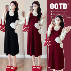 批发实拍新款孕妇秋<b class='q'>冬</b>针织宽松显瘦时尚潮妈拼接假两件套连衣裙