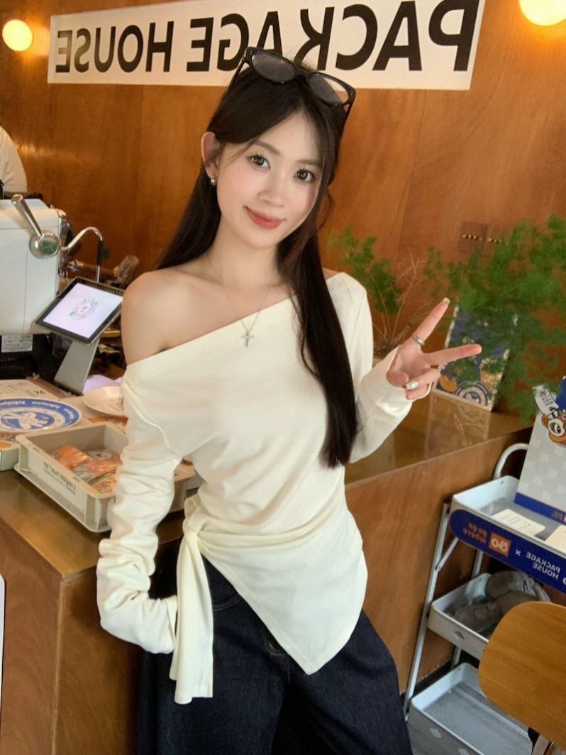 한국 대외 무역 사람들 면 디자인 센스 둘 착용 긴팔 티셔츠 여성 가을 불규칙 허리 수축 스트랩 빨간색 맨위