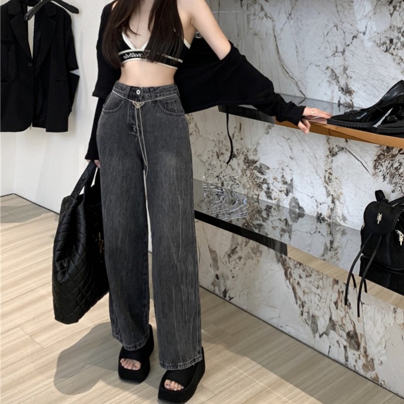 Actual shot of Korean chic high-waisted versatile washed loose slimming jeans with chain