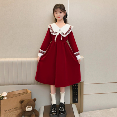 批发女童连衣裙<b class='q'>春</b>秋2024新款时髦洋气中大童学生女孩娃娃领长袖公主裙