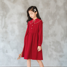 批发女童连衣裙<b class='q'>春</b>秋装新款新国风复古娃娃领中大童女孩公主裙儿童裙子