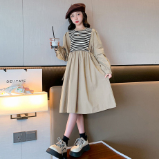 批发女童假两件连衣裙新款秋装女孩洋气时髦韩版学院风条纹裙子儿童装